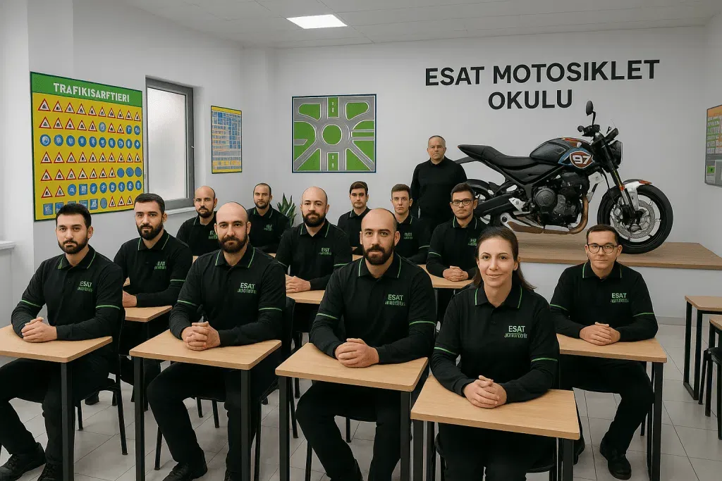 Esat Motosiklet Okulu eğitmen kadrosu sınıf ortamında toplu halde poz veriyor
